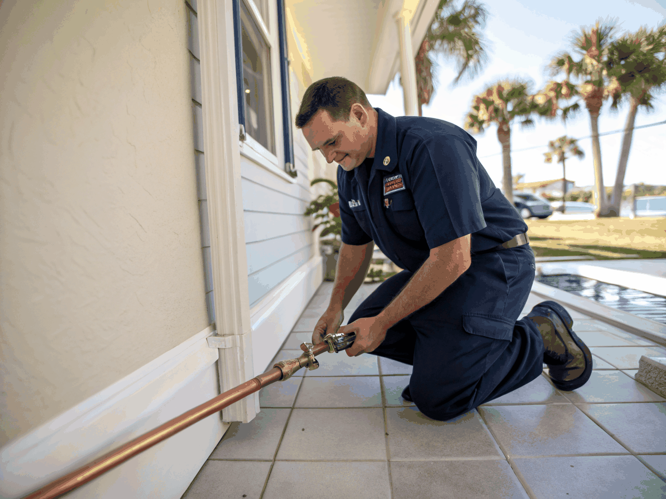 Plumber arriving with equipment at an Arizona home