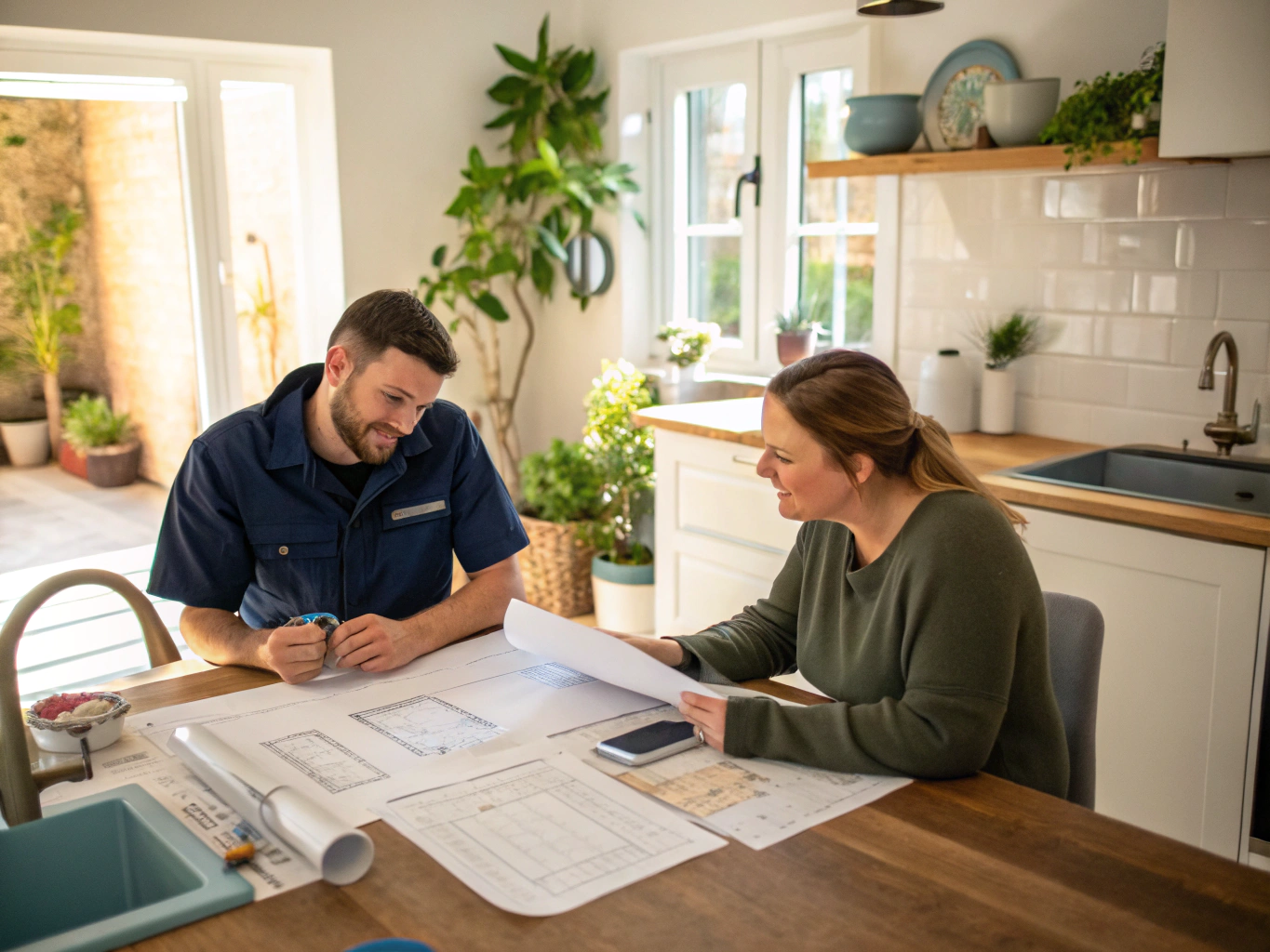Plumber reviewing paperwork and repair options with homeowner